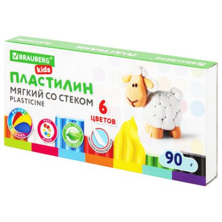 Пластилин мягкий восковой BRAUBERG KIDS, 6 цветов, 90 г, со стеком, 106493