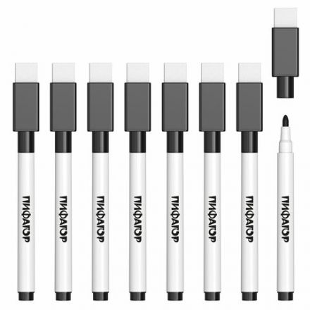 Маркеры стираемые 2 мм на магните со стирателем для белой доски и планера ЧЕРНЫЕ, НАБОР 8 ШТУК, ПИФАГОР, 152563