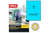Этикетки самоклеящиеся Mega Label голубые 210х297 мм (1 штука на листе A4, 25 листов в упаковке)