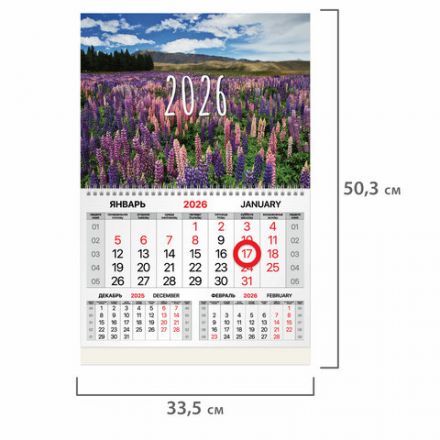 Календарь квартальный 2026 г., 1 блок, 1 гребень, магнитный курсор, мелованная бумага, BRAUBERG, "Люпины", 116915