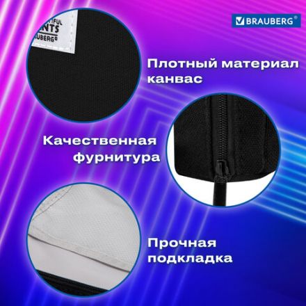 Пенал-органайзер BRAUBERG, 1 отделение, С НАКЛЕЙКАМИ, молния вокруг, канвас, 22x15х6 см, черный, 273596