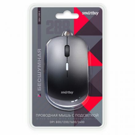 Мышь проводная бесшумная SMARTBUY 288-K, USB, 2 кнопки + 1 колесо, оптическая, черная, 02019, SBM-288-K