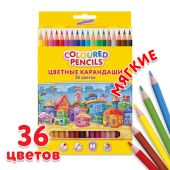 Карандаши цветные ЮНЛАНДИЯ "ДОМИКИ", 36 цветов, шестигранные, грифель 3 мм, 181839