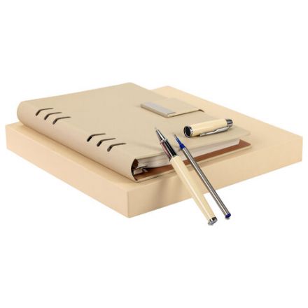 Ежедневник на кольцах в наборе с ручкой А5, 165x229 мм, BRAUBERG "Lux", под кожу, 100 листов, бежевый, 116859