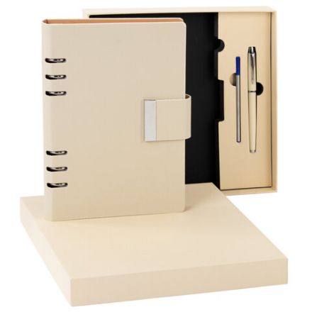 Ежедневник на кольцах в наборе с ручкой А5, 165x229 мм, BRAUBERG "Lux", под кожу, 100 листов, бежевый, 116859