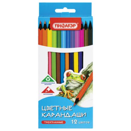 Карандаши цветные ПИФАГОР СТАНДАРТ 12 цветов, трехгранный корпус, 182087