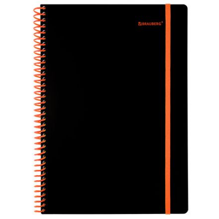 Тетрадь обложка пластик, А4 80 л., спираль пластик, резинка, клетка, BRAUBERG, черный/оранжевый, 405382