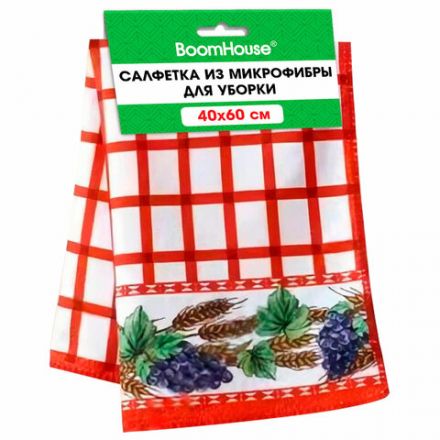 Салфетка из МИКРОФИБРЫ универсальная, 40х60 см, красная клетка, орнамент, 240 г/м2, BOOMHOUSE (БУМХАУС), 700880