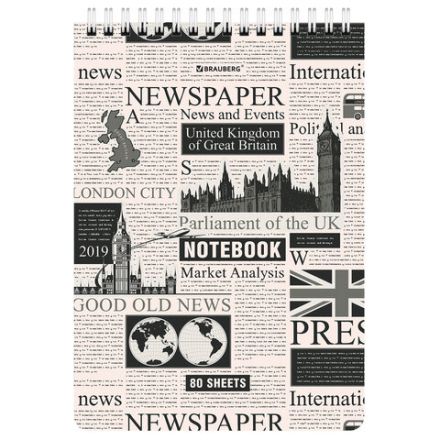 Блокнот А5 (146х206 мм), 80 л., гребень, картон, жесткая подложка, клетка, BRAUBERG, "Первые полосы", 114381