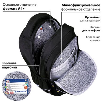 Рюкзак BRAUBERG MOTION, 2 отделения, 3 кармана, "Rebel", СВЕТЯЩИЙСЯ, 41х28х17 см, 271363