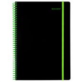 Тетрадь обложка пластик, А4 80 л., спираль пластик, резинка, клетка, BRAUBERG, черный/зеленый, 405383