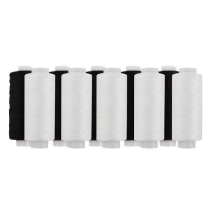 Нитки швейные 45 ЛЛ, 150 м, полиэстер, НАБОР 10 штук, 5 белых / 5 черных, DEVELIA (Девелиа), 609619