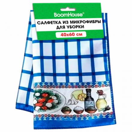 Салфетка из МИКРОФИБРЫ универсальная, 40х60 см, синяя клетка, орнамент, 240 г/м2, BOOMHOUSE (БУМХАУС), 700881