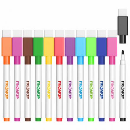 Маркеры стираемые 2 мм для белой доски и планера со стирателем НАБОР 12 ЦВЕТОВ, ПИФАГОР, 152565