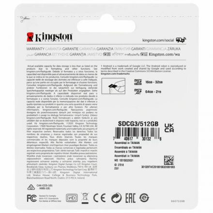 Карта памяти microSDXC 512 GB KINGSTON Canvas Go Plus, UHS-I U1, 170 Мб/с (class 10), с адаптером, SDCG3/512Gb