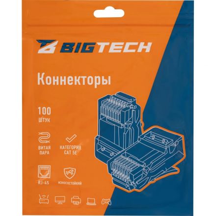 Коннектор BigTech BT-CECC-RJ45-001 RJ45 UTP кат.5e уп/100 шт Коннектор BigTech BT-CECC-RJ45-001 RJ45 UTP кат.5e уп/100 шт
