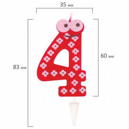 Свеча-цифра для торта "4" "С глазками", 6 см, ЗОЛОТАЯ СКАЗКА, с держателем, в блистере, 591407