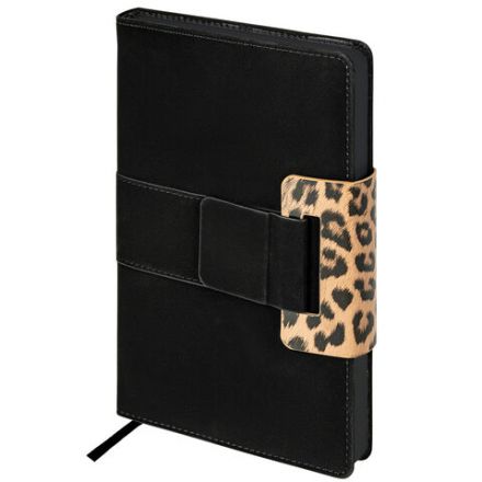 Ежедневник недатированный А5 138х213 мм, BRAUBERG "Safari", под кожу, магнит, 160 л., Leopard, черный, 116592