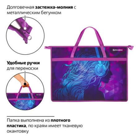 Папка для рисунков и чертежей с ручками BRAUBERG А3, пластик, молния сверху, "Melody", 228201