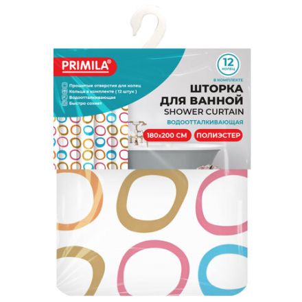 Шторка для ванной ПОЛИЭСТЕР, 180х200 см, кольца в комплекте, КРУГИ, PRIMILA (ПРИМИЛА), 700086