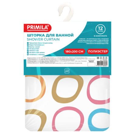 Шторка для ванной ПОЛИЭСТЕР, 180х200 см, кольца в комплекте, КРУГИ, PRIMILA (ПРИМИЛА), 700086