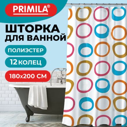 Шторка для ванной ПОЛИЭСТЕР, 180х200 см, кольца в комплекте, КРУГИ, PRIMILA (ПРИМИЛА), 700086