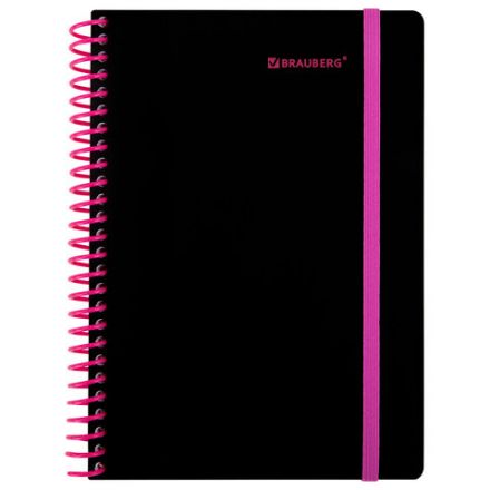 Тетрадь обложка пластик, А5 80 л., спираль пластик, резинка, клетка, BRAUBERG, черный/розовый, 405384