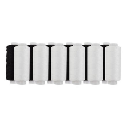 Нитки швейные 45 ЛЛ, 200 м, полиэстер, НАБОР 12 штук, 6 белых / 6 черных, DEVELIA (Девелиа), 609620