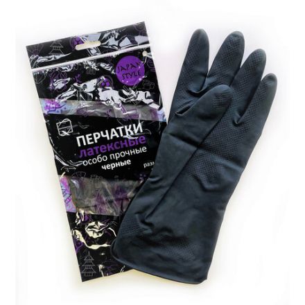 Перчатки МНОГОРАЗОВЫЕ латексные с хлопковым волокном Japan Style ЧЕРНЫЕ, размер 9-10, XL (очень большой), вес 67 г, КП, 139752