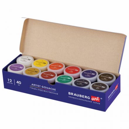 Гуашь художественная BRAUBERG ART CLASSIC, НАБОР 12 цветов в баночках по 40 мл, 191586