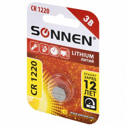 Батарейка литиевая SONNEN Lithium CR1220 "таблетка, дисковая, кнопочная" 1 шт., блистер, 455597 Батарейка литиевая SONNEN Lithium CR1220 "таблетка, дисковая, кнопочная" 1 шт., блистер, 455597