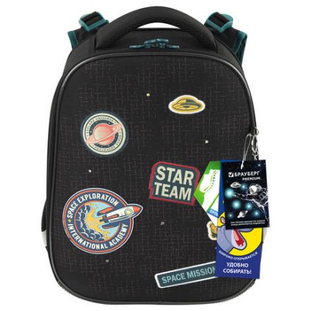 Ранец BRAUBERG PREMIUM, 2 отделения, с брелком, "Space mission", LED ЛАМПОЧКИ, 38х29х16 см, 270599