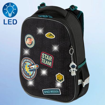 Ранец BRAUBERG PREMIUM, 2 отделения, с брелком, "Space mission", LED ЛАМПОЧКИ, 38х29х16 см, 270599
