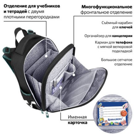 Ранец BRAUBERG PREMIUM, 2 отделения, с брелком, "Space mission", LED ЛАМПОЧКИ, 38х29х16 см, 270599