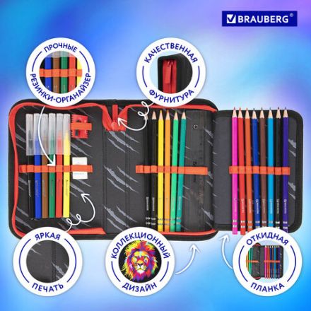 Пенал BRAUBERG с наполнением, 1 отделение, 1 откидная планка, 24 предмета, 21х14 см, "Colorful lion", 270725 Пенал BRAUBERG с наполнением, 1 отделение, 1 откидная планка, 24 предмета, 21х14 см, "Colorful lion", 270725