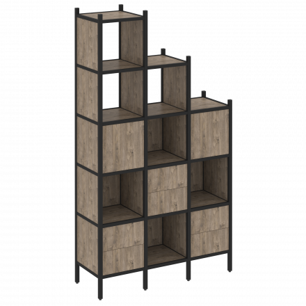 Loft Прямой стеллаж наборный VR.L-22 Тиквуд тёмный/Чёрный металл 1278*446*2280