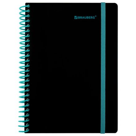 Тетрадь обложка пластик, А5 80 л., спираль пластик, резинка, клетка, BRAUBERG, черный/синий, 405385