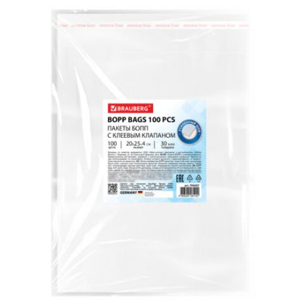 Пакеты БОПП с клеевым клапаном, КОМПЛЕКТ 100 штук, 20х25 + 4 см, 30 мкм, с усиленным швом, BRAUBERG, 700407