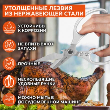 Ножницы кухонные DASWERK (ДАСВЕРК), 210 мм, с открывашкой, зазубренные, металлические ручки, 608901 Ножницы кухонные DASWERK (ДАСВЕРК), 210 мм, с открывашкой, зазубренные, металлические ручки, 608901