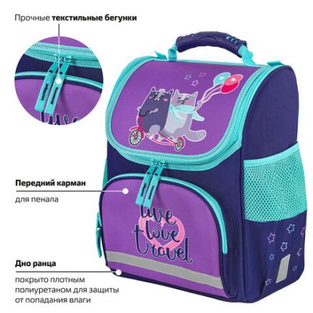 Ранец ПИФАГОР BASIC, 1 отделение, 3 кармана, эргономичная спинка, "Bike cats", 35х28х18 см, 272049