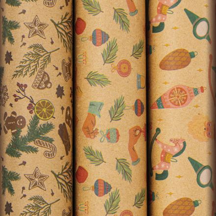 Бумага упаковочная новогодняя НАБОР 3 шт., "Christmas Kraft", 70х100 см, 3 дизайна, ЗОЛОТАЯ СКАЗКА, 592056