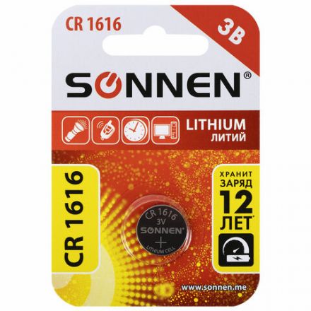 Батарейка литиевая SONNEN Lithium CR1616 "таблетка, дисковая, кнопочная" 1 шт., блистер, 455598 Батарейка литиевая SONNEN Lithium CR1616 "таблетка, дисковая, кнопочная" 1 шт., блистер, 455598