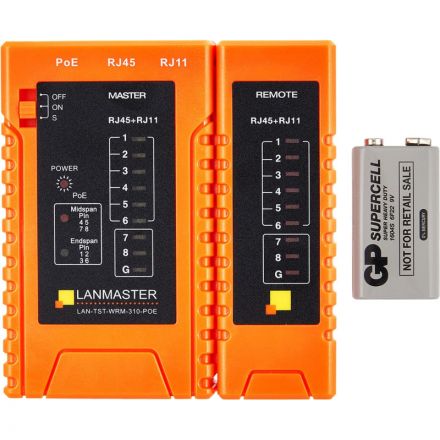 Тестер витой пары LANMASTER LAN-TST-WRM-310-POE с индикаторами, опред. POE