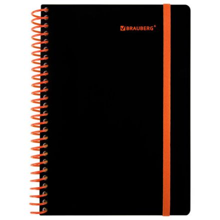 Тетрадь обложка пластик, А5 80 л., спираль пластик, резинка, клетка, BRAUBERG, черный/оранжевый, 405386