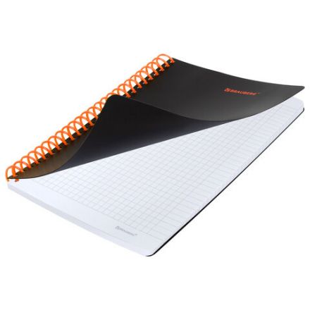 Тетрадь обложка пластик, А5 80 л., спираль пластик, резинка, клетка, BRAUBERG, черный/оранжевый, 405386