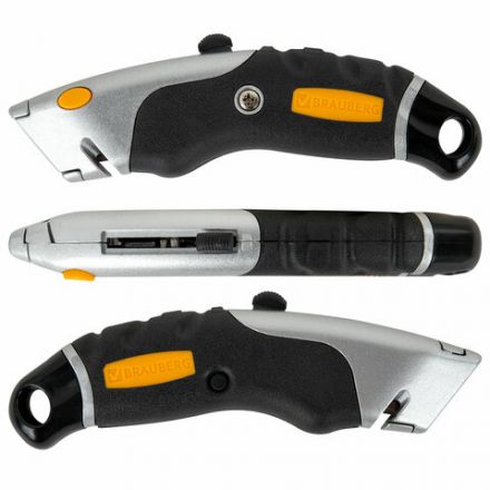 Нож универсальный мощный алюминиевый BRAUBERG "Heavy duty M", автофиксатор, резиновые вставки, 238736