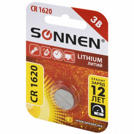 Батарейка литиевая SONNEN Lithium CR1620 "таблетка, дисковая, кнопочная" 1 шт., блистер, 455599 Батарейка литиевая SONNEN Lithium CR1620 "таблетка, дисковая, кнопочная" 1 шт., блистер, 455599