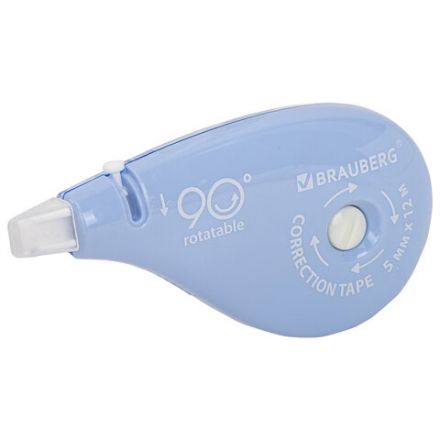 Корректирующая лента BRAUBERG PASTEL 5 мм х 12 м, вращающийся наконечник 90°, механизм перемотки, корпус голубой, блистер, 272488