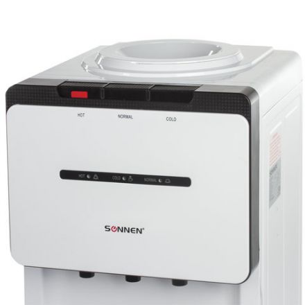 Кулер для воды SONNEN FSE-03, напольный, НАГРЕВ/ОХЛАЖДЕНИЕ ЭЛЕКТРОННОЕ, шкаф, 3 крана, белый/черный, 453979