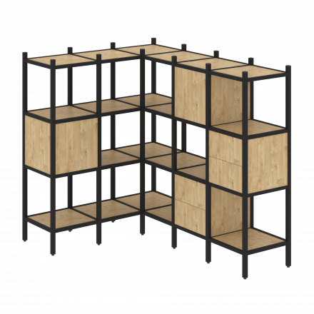 Loft Угловой внутренний стеллаж наборный VR.L-30 Тиквуд светлый/Чёрный металл 1278*1278*1458 Loft Угловой внутренний стеллаж наборный VR.L-30 Тиквуд светлый/Чёрный металл 1278*1278*1458